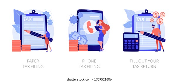 Revenue declaration ways, convenient methods, reporting on paper and by phone. Paper tax filing, phone tax filing, fill out your tax return metaphors. Vector isolated concept metaphor illustrations.