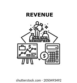 Revenue Finance Vector Icon Concept. Revenue Finance Planning Strategy And Calculating Income And Expense. Company Success Business And Economy. Budget Wealth Plan Black Illustration
