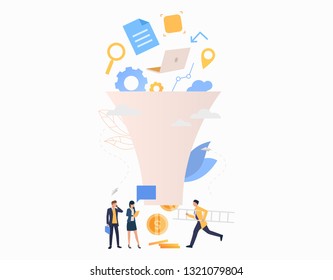 Revenue flat icon. Workgroup, funnel, money, goods. Business concept. Can be used for topics like online store, market, teamwork, commerce