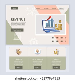 Revenue flat landing page website template. Donation, online donation, backer. Web banner with header, content and footer. Vector illustration.