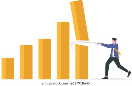Corte de previsão de receita, correção de preço do mercado de ações ou conceito de desaceleração econômica global, consultor financeiro do empresário ou especialista corte e segurar pedaço de gráfico de barras.

