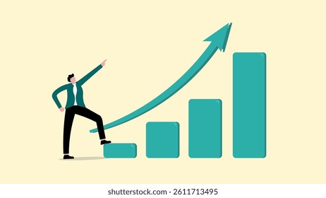 Revenue growth chart, businessman climbing the ladder represents the company's revenue increasing over time.	
