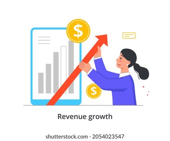 Revenue growth concept. Woman analyzes sales statistics. Entrepreneur makes big profit and becomes rich. Competent investment. Cartoon modern flat vector illustration isolated on white background