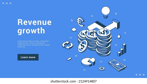 Revenue growth financial rising up to success landing page vector illustration. Business investment, returns benefit, income growing successful economic strategy, profit progress positive trend