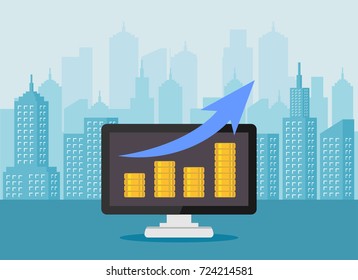 Revenue Growth Increasing Graph. Increasing Piles Of Coins With Going Up Graph On Computer Screen. Business Growth Analysis Concept