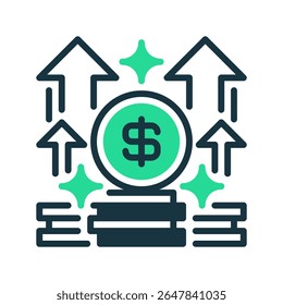Ícone da Linha de Crescimento da Receita, Símbolo da Estrutura de Tópicos para Aumento de Receita, Desempenho Financeiro, Aumento de Vendas, Prosperidade dos Negócios e Aumento Econômico. Ícone de sinal vetorial.
