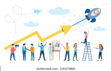 Revenue growth, Successful Startup, Teamwork, Office workers are working to increase revenue. Conceptual vector illustration for banners, posters, Social Media Advertising.