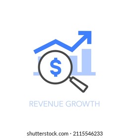 Revenue growth symbol with a magnifier and growing chart. Easy to use for your website or presentation.	