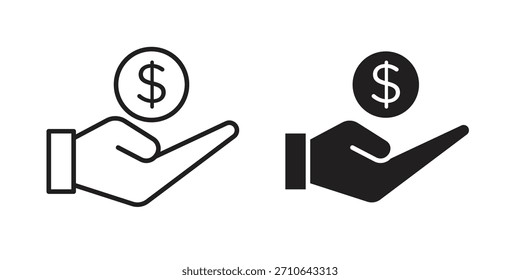 Icono de ingresos en un diseño de Vector de trazo negro y versión sólida plana sobre fondo blanco