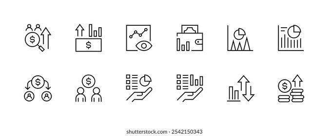 Einnahmen-Icon-Sammlung. Einnahmen-Symbolsatz. Finanzbericht, Geschäft, Wirtschaft, Statistik, Zusammenfassung, wächst, Kuchen, Diagramm, Einkommen und mehr. Bearbeitbarer Strich. Pixel perfekt. Gitterbasis 32px.