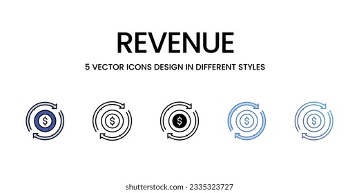 Revenue Icon Design in Five style with Editable Stroke. Line, Solid, Flat Line, Duo Tone Color, and Color Gradient Line. Suitable for Web Page, Mobile App, UI, UX and GUI design.