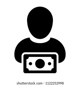 Revenue icon vector male user person profile avatar with money symbol in flat color glyph pictogram illustration