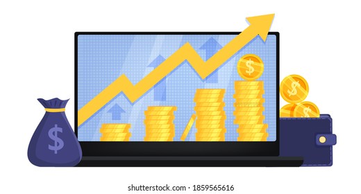 Revenue and income growth finance vector illustration with laptop, money bag, coin stacks,pointing up arrow. Profit increase or return on investment economic concept. Income growth with wallet,dollars