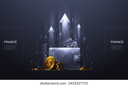 Revenue Increase. Digital wallet with a golden dollar coin and abstract growth arrows on a technology dark background. Save money. Business, finance concept. Polygonal wireframe vector illustration.