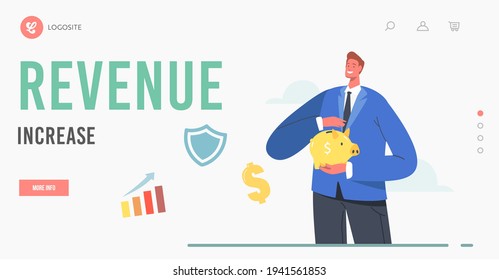 Revenue Increase Landing Page Template. Male Character with Piggy Bank Collect Capital. Saving Money in Thrift-box, Bank Deposit. Finance Budget Protection Concept. Cartoon People Vector Illustration