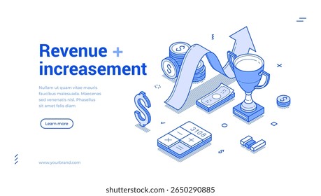 Aumento de receita estratégia de lucro de negócios esboço isométrico web banner design modelo vetor ilustração. Crescimento salarial de riqueza financeira aumenta a produtividade comercial Página inicial de eficiência