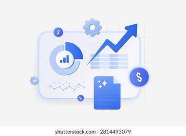 Revenue intelligence with financial analytics, revenue forecasting, business insights, performance optimization and sales reporting for strategic growth decisions. Flat design vector illustration.