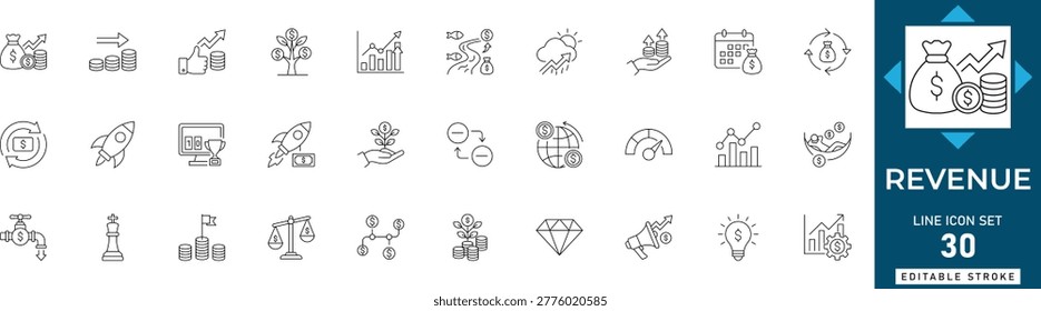 Revenue line icon set featuring business growth, income, financial profit, earnings, investment, and sales. Professional editable vector illustration for finance and accounting.
