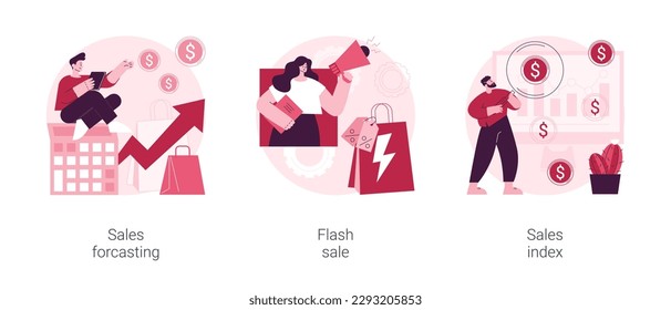 Juego de ilustraciones de vector de concepto abstracto de gestión de ingresos. Previsión e índice de ventas, venta flash, oferta especial, promoción de tiendas de comercio electrónico, análisis de beneficios, metáfora abstracta de ingresos minoristas.