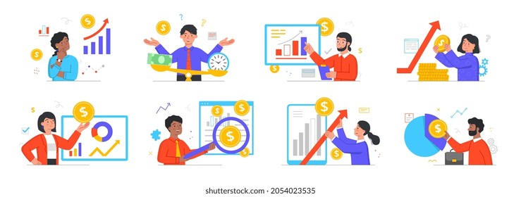 Revenue management concept. Collection of characters investing money, analyzing sales statistics and making savings. Cartoon modern flat vector set of illustrations isolated on white background
