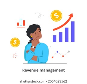 Revenue management concept. Woman studies stock market statistics and thinks where to invest money more profitably. Income growth. Cartoon flat vector illustration isolated on white background