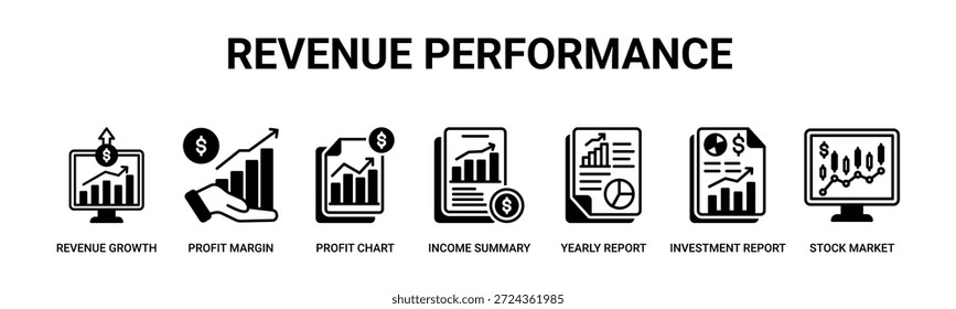 Desempenho da Receita web banner ícone vetor ilustração conceito com ícone de crescimento da receita, margem de lucro, gráfico de lucro, resumo da receita, relatório anual, relatório de investimento, mercado de ações