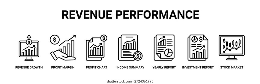 Desempenho da Receita web banner ícone vetor ilustração conceito com ícone de crescimento da receita, margem de lucro, gráfico de lucro, resumo da receita, relatório anual, relatório de investimento, mercado de ações