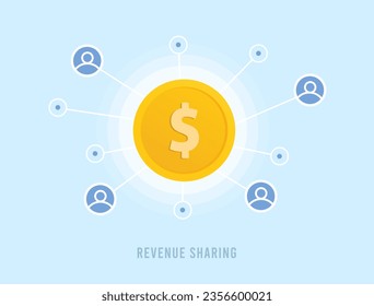 Revenue Sharing - Financial Business Planning and Money Management. Gold Coin, Revenue Sharing or Profit Shared Among Participants. Vector illustration isolated on blue background with icons