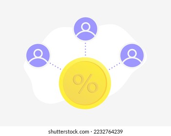 Distribución de ingresos - concepto de gestión de dinero y planificación financiera de empresas. Moneda de oro con porcentaje de señal distribuida a tres participantes.