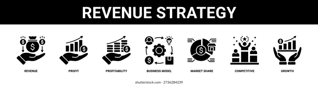 Revenue Strategy web banner icon set collection solid style.