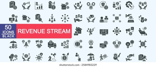 Revenue Stream icon set collection. Consist of Income statement, Revenue, Sales, Interest rate, Rental income, Gross profit, Operating expenses, Insurance. Simple vector black illustration.