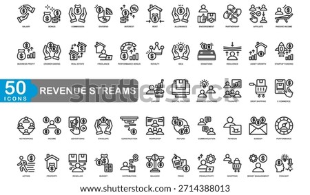 Revenue streams icon set collection. Consist of salary, bonus, commission, dividend, interest, rent, allowance, endorsement, partnership, affiliate, and more. Simple vector illustration