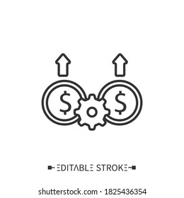 Revenue Synergy Icon. Dollar Icons, Cogwheel And Arrows Depict Income Increase. Outline Drawing. Generation Sales. Combined Companies Generate More Revenue. Editable Vector Illustrations