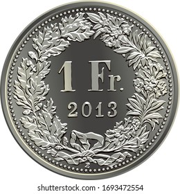 Reverse of 1 Swiss franc silver coin with 1 Fr and year in wreath of oak leaves and gentian, official coin in Switzerland