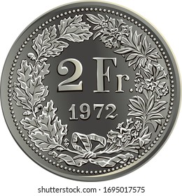 Reverse of 2 Swiss franc silver coin with 2 Fr and year in wreath of oak leaves and gentian, official coin in Switzerland