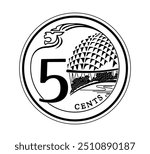 Reverse of 5 cents 2013–2019 years, Singapore. The coin is depicted in black and white. Vector illustration.
