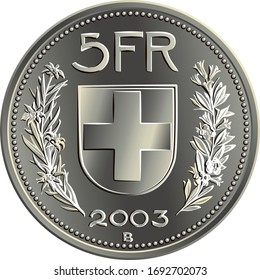 Reverse of 5 Swiss Francs silver coin with federal coat of arms, 5FR, year, branches of edelweiss and gentian, official coin in Switzerland