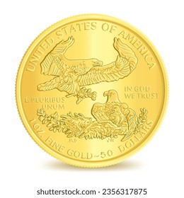 Reverse of American one ounce fine gold fifty dollars eagle coin isolated on white background in vector illustration