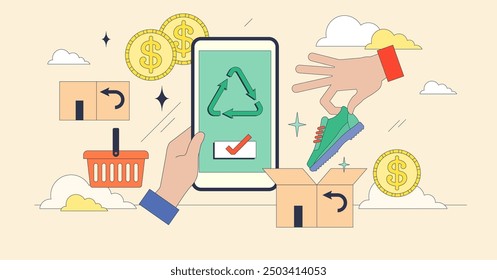 Reverse commerce to buy products cheaper tiny person neubrutalism concept. Recommerce business for second hand clothing and returned goods reselling vector illustration. Refurbished goods marketplace