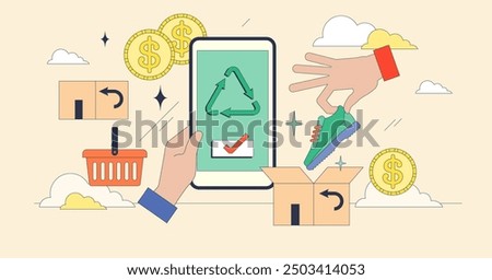 Reverse commerce to buy products cheaper tiny person neubrutalism concept. Recommerce business for second hand clothing and returned goods reselling vector illustration. Refurbished goods marketplace