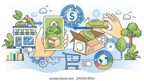 Reverse commerce or recommerce sale business model outline hands concept. Sustainable and environmental shopping as used products purchase for reuse vector illustration. Online second hand store.