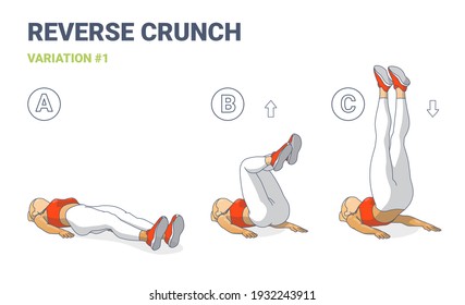 Reverse Crunch Woman Home Workout Exercise Guide Illustration. Young Athletic Female Silhouettes in Sportswear Top, Leggings, and Sneakers Working on Her Abs.