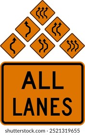 Reverse Curve Road Signs Collection Featuring Single, Double, and Triple Curves for Left, Right, and All Lanes. Road signs in the United States.