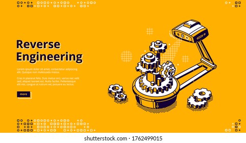 Reverse engineering banner. Concept of disassemble product and research functions for analysis, upgrade, quality control. Vector landing page of back engineering with isometric gears and scanner