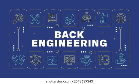 Reverse engineering dark blue word concept. Engineering tools. Analytical process. Repair. Horizontal vector image. Headline text surrounded by editable outline icons