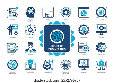 Conjunto de ícones da Engenharia Reversa. Raciocínio Dedutivo, Revisão, Teste, Análise, Modelagem, Tarefa, Conhecimento, Melhoria. Ícones sólidos de cor duotônica