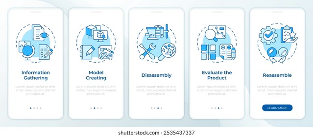 Proceso de ingeniería inversa pantalla azul del App móvil de incorporación. Instrucciones gráficas editables de 5 pasos con conceptos lineales. PLANTILLA UI, UX, GUI