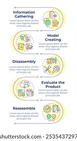 Processo de engenharia reversa infográfico sequência vertical. Recolha de informações. Criação de modelo. Gráfico de informações de visualização com 5 etapas. Fluxo de trabalho de círculos