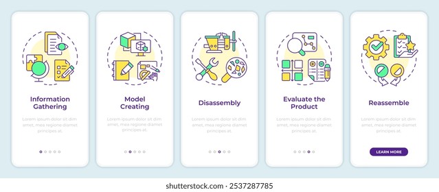 Proceso de ingeniería inversa que incorpora la pantalla del App móvil. Instrucciones gráficas editables de 5 pasos con conceptos lineales. PLANTILLA UI, UX, GUI