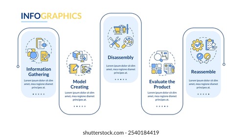 Vetor infográfico de retângulo de processo de engenharia reversa. Recolha de informações. Criação de modelo. Visualização de dados com 5 etapas. Gráfico editável de opções retangulares. Lato- Bold, Fontes normais usadas